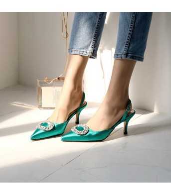 Elegant Rhinestone High Heels Women Pumps Silk Pointed Toe Red Bridal Wedding Shoes Buckle Strap Crystal Party Sandals