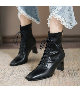 Square Toe High Heel Boots PU Leather Women Ankle Boots