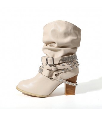 Rhinestone Belt Buckle Women Round Toe Sleeve Women Leather Boots