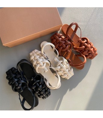 Lambskin Hand-woven Toe Sandals Women Flat Bottom
