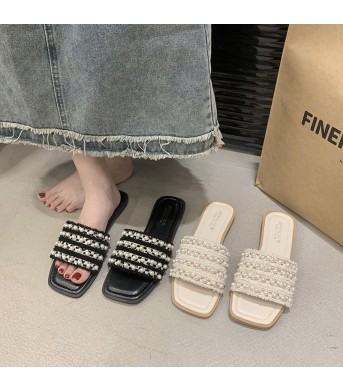 Pearl-embellished Flat Slide Sandals For Women