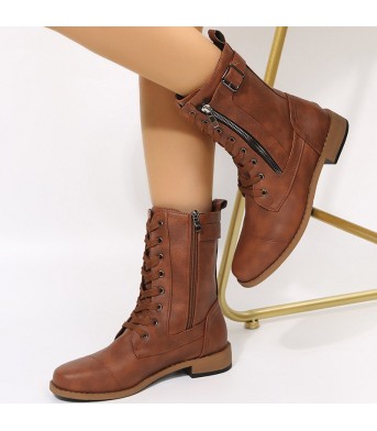 Lace-up Western Boots Cowboy Boots Women Side Zipper Shoes