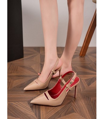 Nude Patent Leather Pointed Toe Slingback High Heels, Red Bottom Stiletto Pumps With Cutout Detail, Elegant Dress Shoes For Women